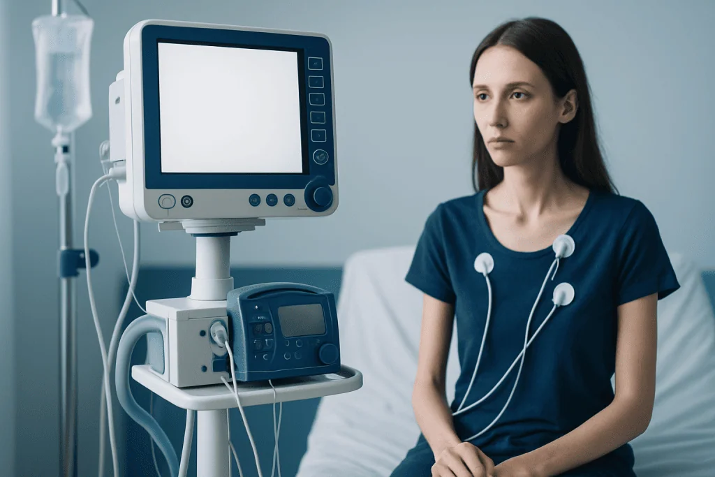 Young woman in hospital with medical monitoring equipment.