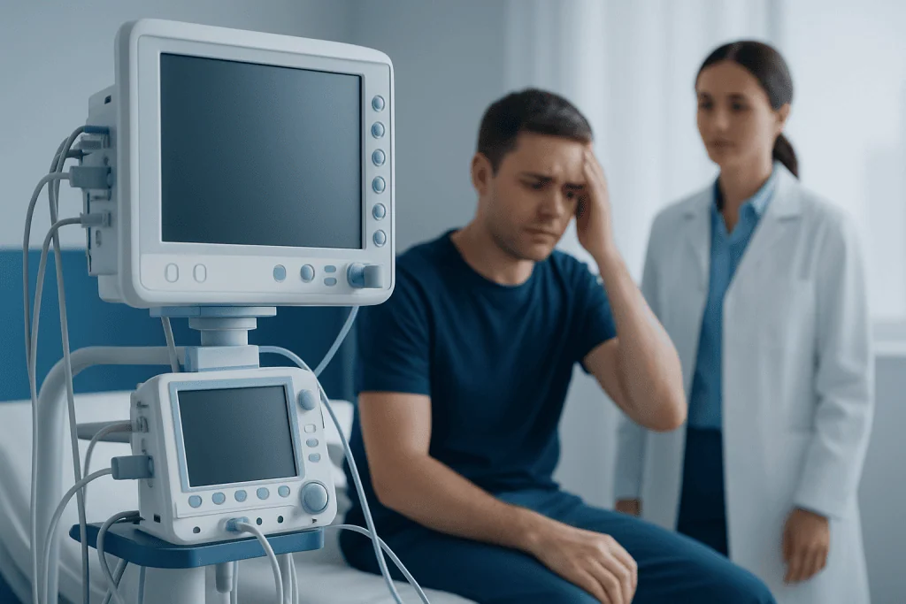 Young man in hospital with medical monitors, experiencing headache or discomfort.