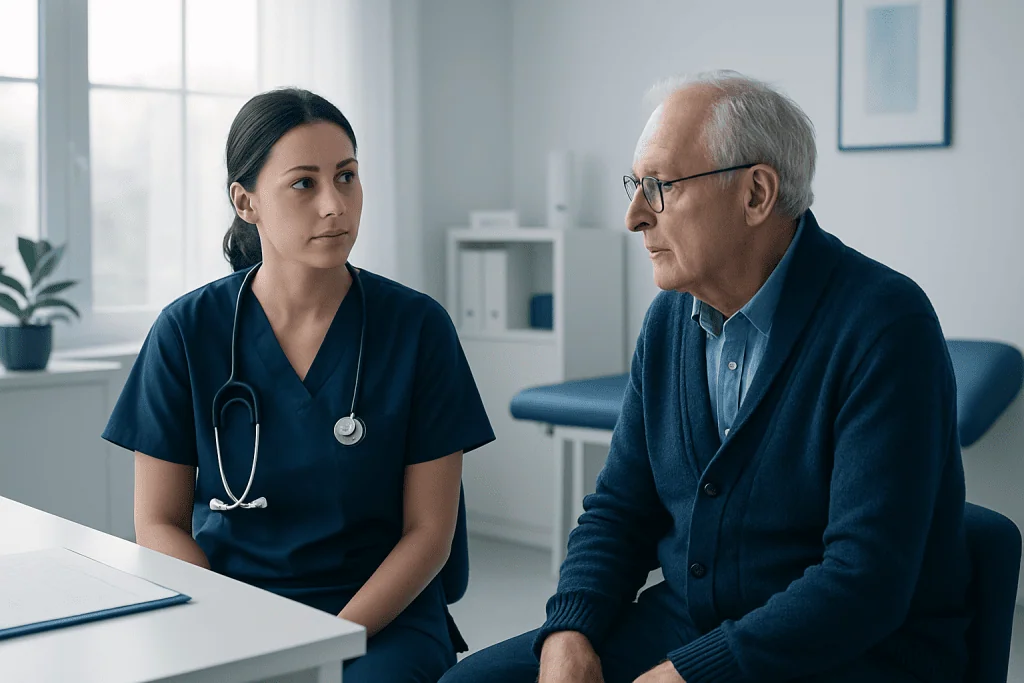 Doctor consulting with an elderly patient in a medical office.