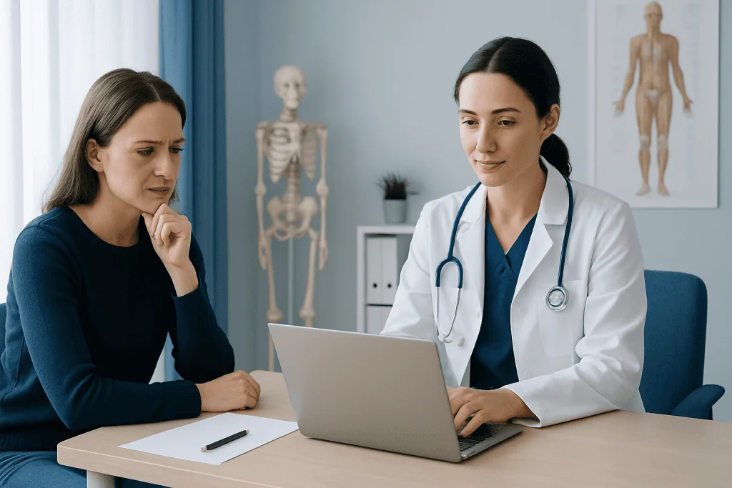 Doctor consulting with patient about health information on laptop.