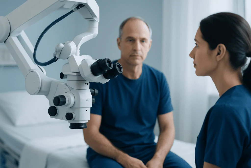Medical professional explaining brain scan to patient in hospital.