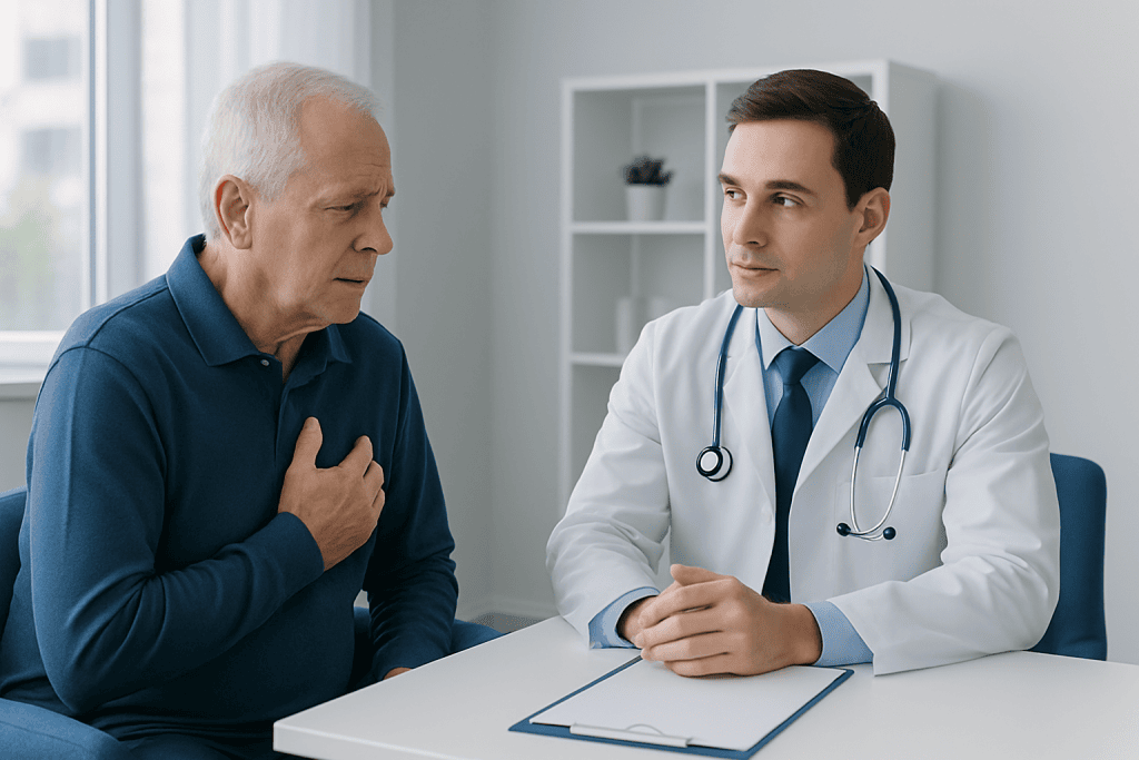 Doctor consulting with an elderly patient about chest pain after CABG surgery.