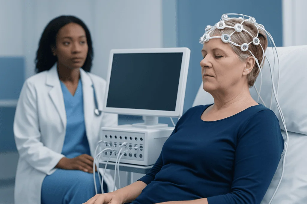 Electroencephalogram test being performed on a woman in a hospital setting.