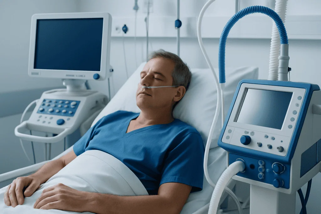 Patient in hospital bed connected to medical ventilator and monitors.