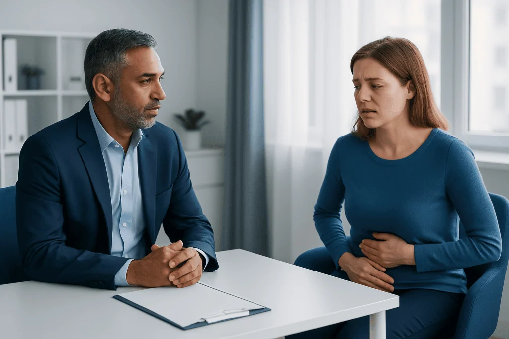 Doctor consulting with a woman patient about digestive symptoms.