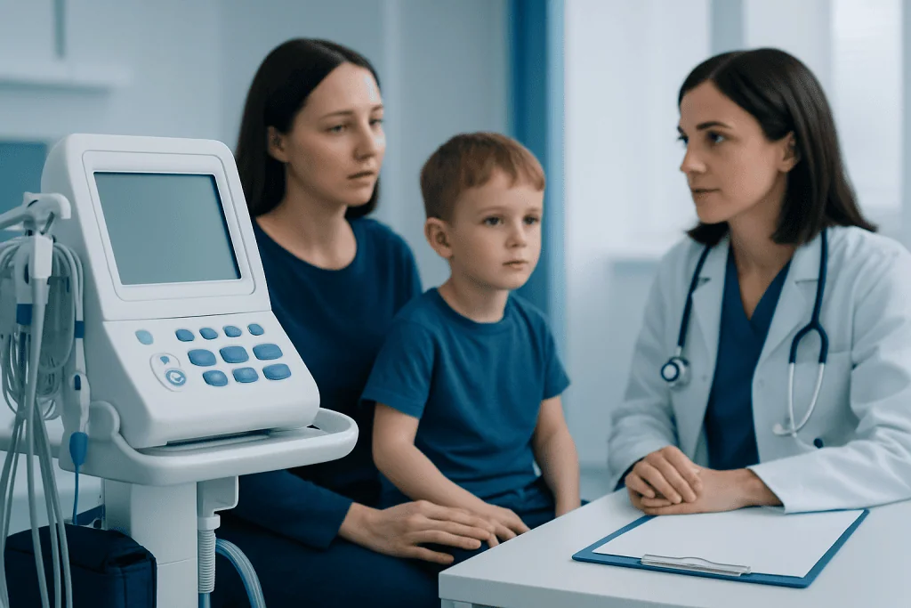 Doctor consulting with mother and child in a hospital setting.