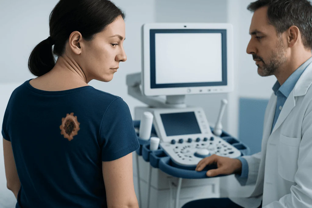 Doctor performing an ultrasound on a female patient in a clinical setting.