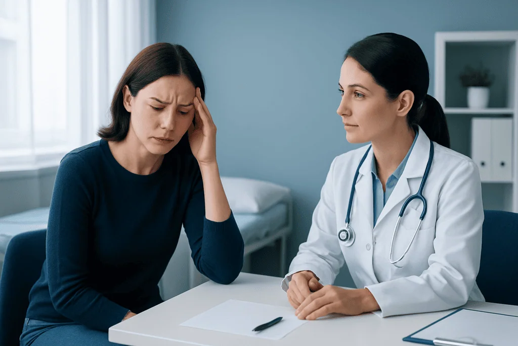 Woman with headache consulting doctor in clinic.