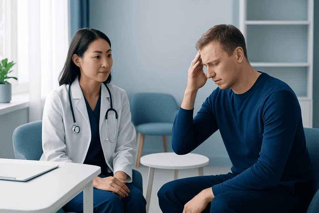 Doctor consulting with a patient experiencing headache in a clinic setting.