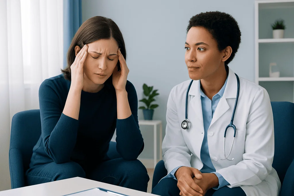 Woman with headache consulting a doctor in a medical office.
