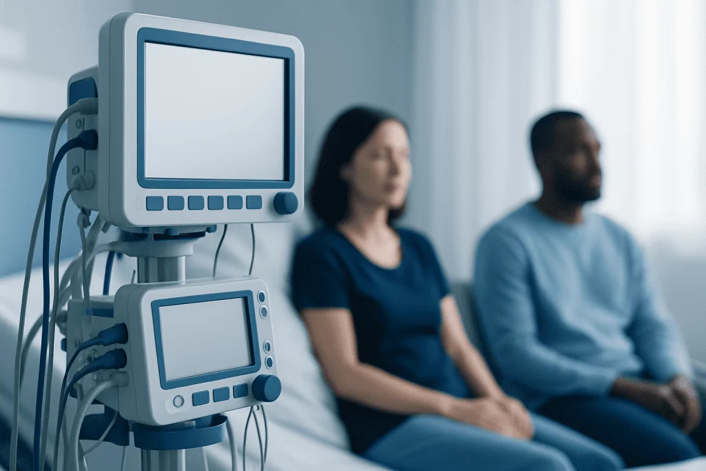 Patients in a hospital waiting area with medical monitors nearby.