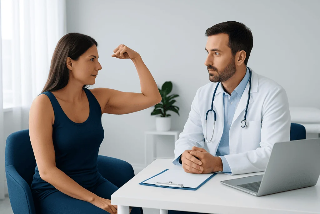 Woman showing arm muscle during consultation with doctor in clinic.