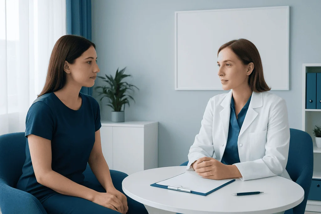 Doctor consulting patient about breast augmentation recovery process.
