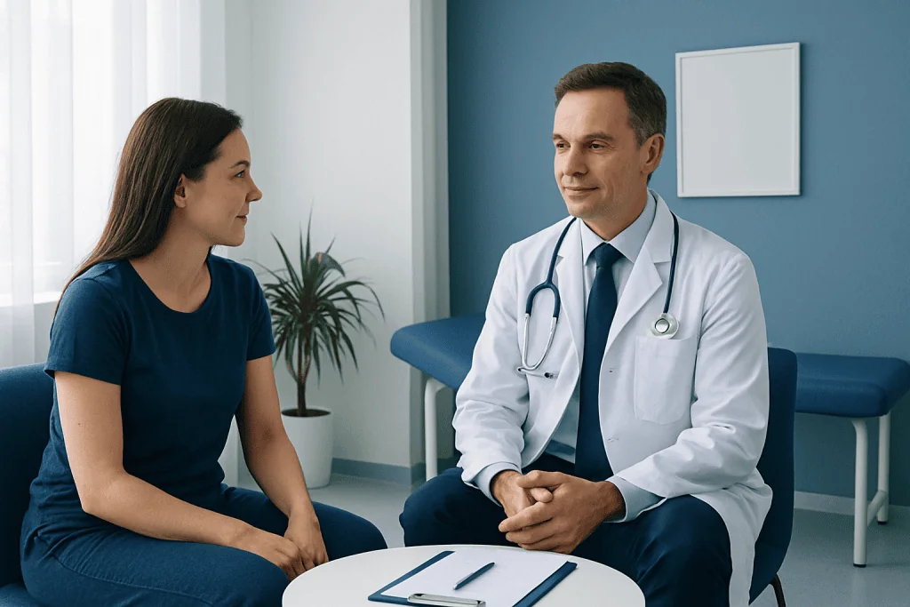 Doctor consulting with a female patient in a medical office.