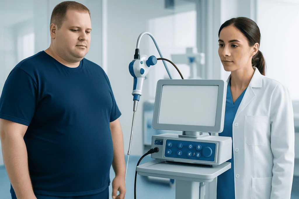 Doctor and patient during a medical examination with advanced equipment.