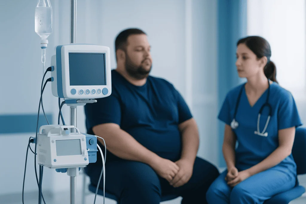 Patient in hospital bed with medical staff and monitoring equipment.