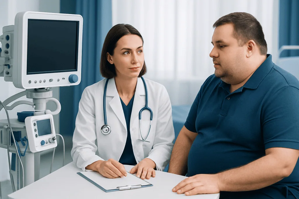 Bariatric patient consulting with a doctor in a hospital setting.
