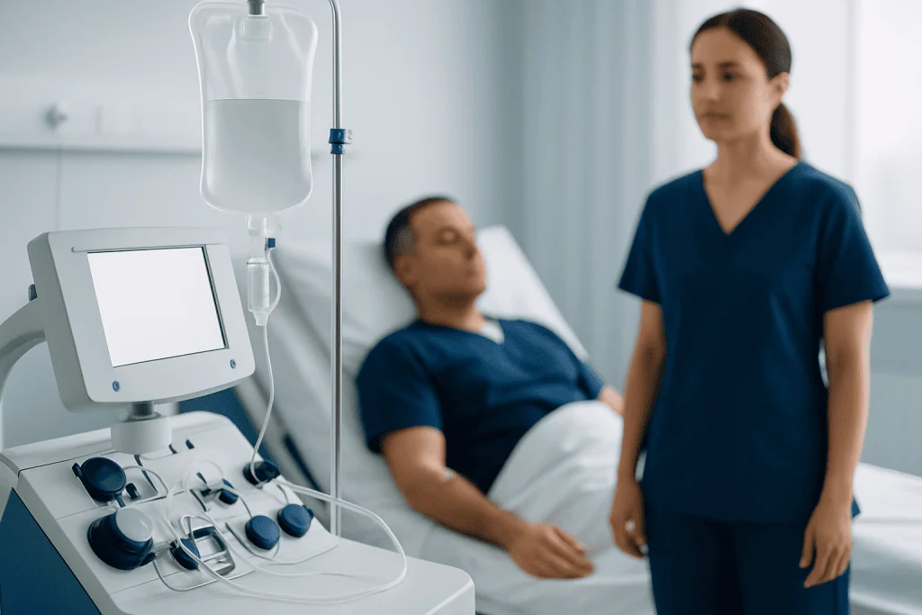 Patient in hospital bed with medical staff and dialysis machine in background.
