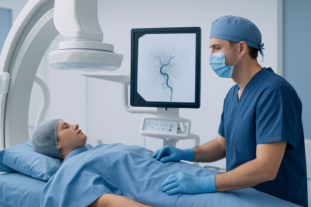 Interventional radiologist preparing for brain AVM embolization procedure.
