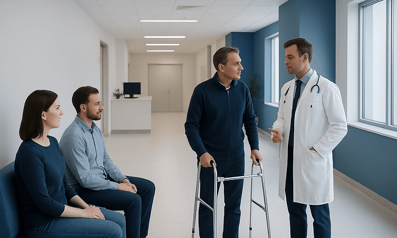 Doctor consulting with patient and family in hospital corridor.