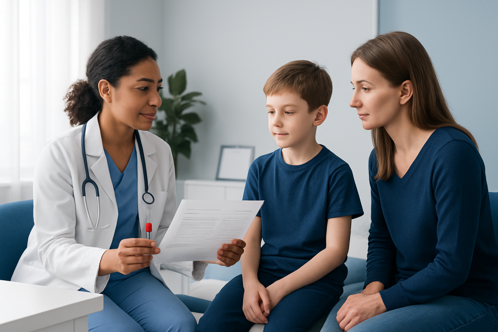 Doctor discussing blood test results with a young boy and his mother.