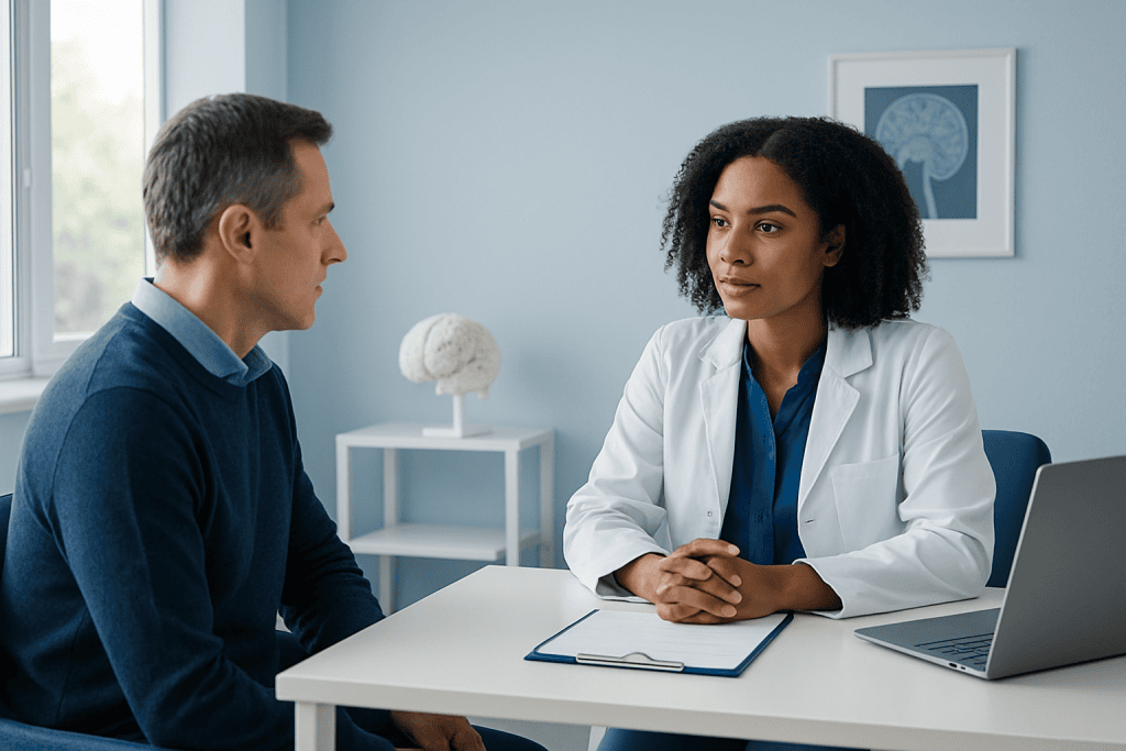 Doctor consulting with patient in a medical office setting.