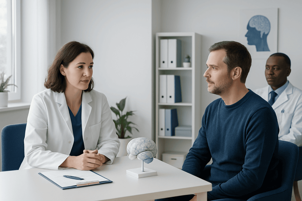 Neuropsychologist consulting with a patient in a medical office.
