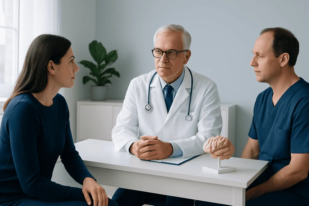 Neurologist consulting with a patient in a medical office.