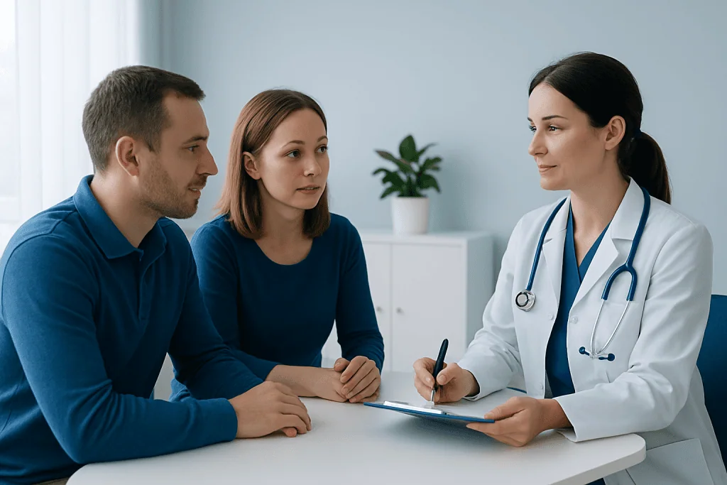 Doctor consulting with a patient and companion in a medical office.