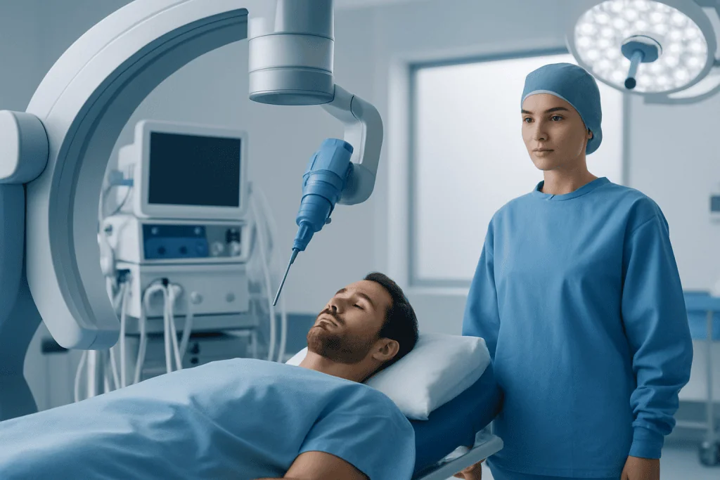 Surgeon preparing for a procedure in a modern operating room.
