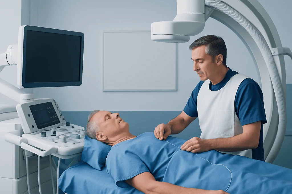 Cardiologist preparing a patient for a heart procedure in a hospital.