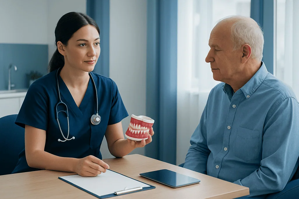 Dentist explaining dental health to an elderly patient with a model of teeth.
