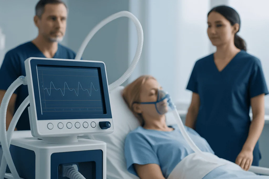 Patient on ventilator with medical staff in hospital room.