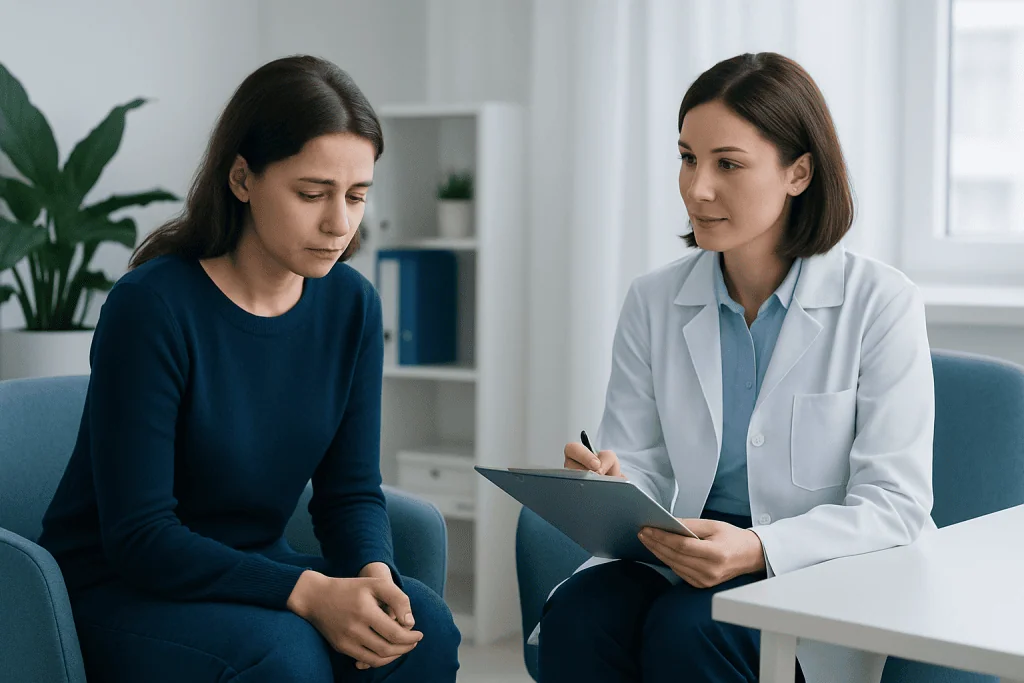 Woman consulting with a healthcare professional about mental health.