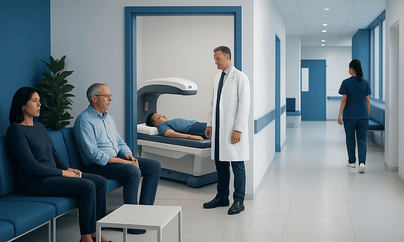 Patient undergoing DEXA scan at Acibadem Hospital in Turkey.