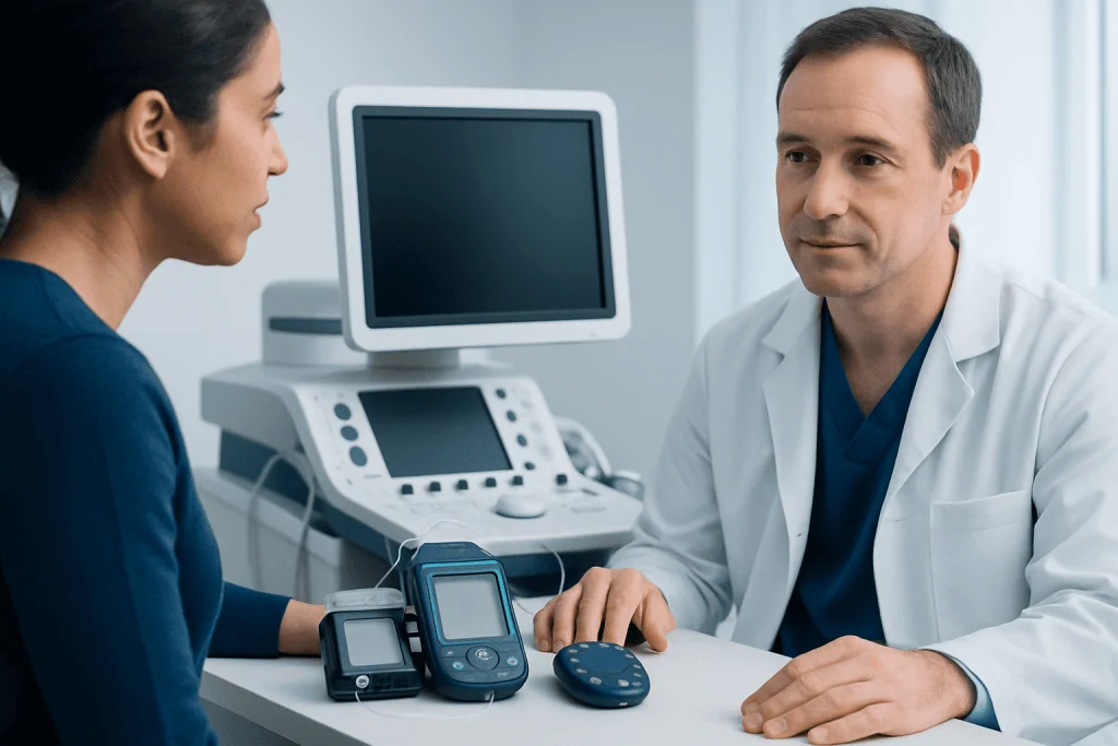 Doctor consulting with patient about diabetes management in a clinical setting.