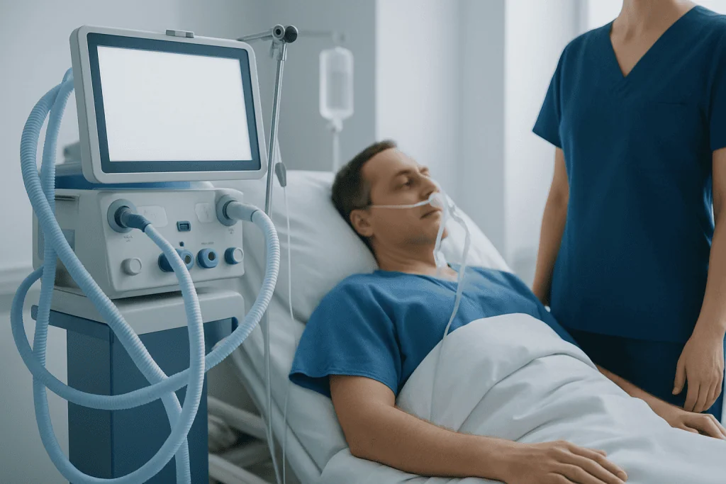 Patient in hospital bed connected to ventilator and medical equipment.
