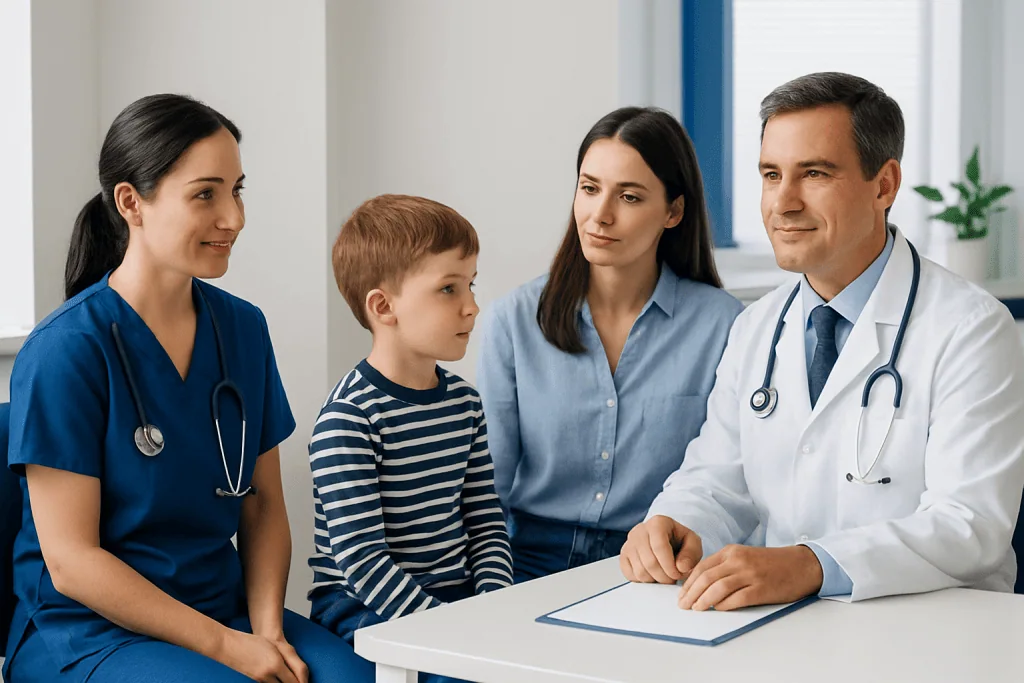 Pediatrician consulting with a family in a clinic setting.