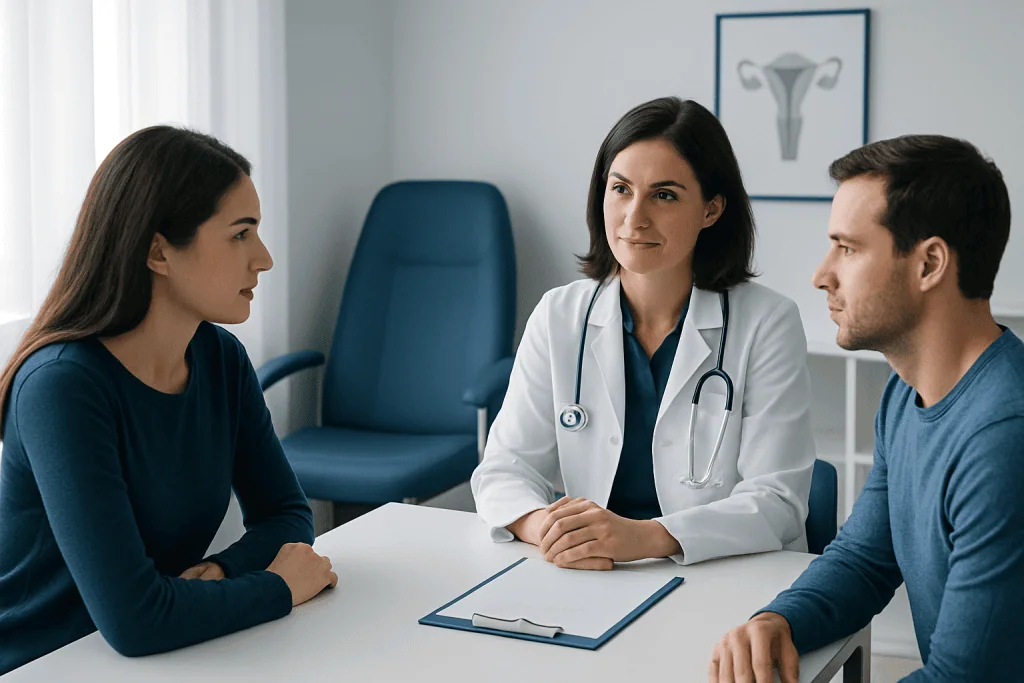 Doctor consulting with a couple about fertility treatment options.