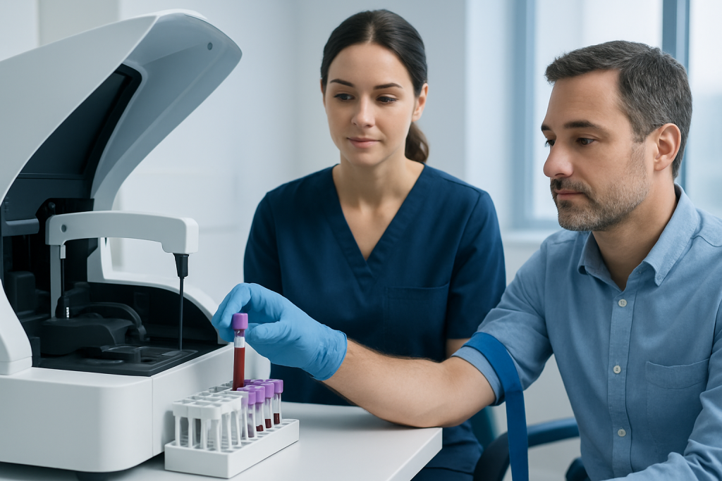 Laboratory technicians perform blood tests for health analysis.