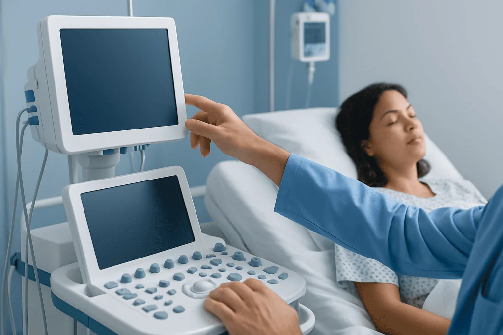 Patient in hospital bed with medical monitor and healthcare professional using ultrasound device.