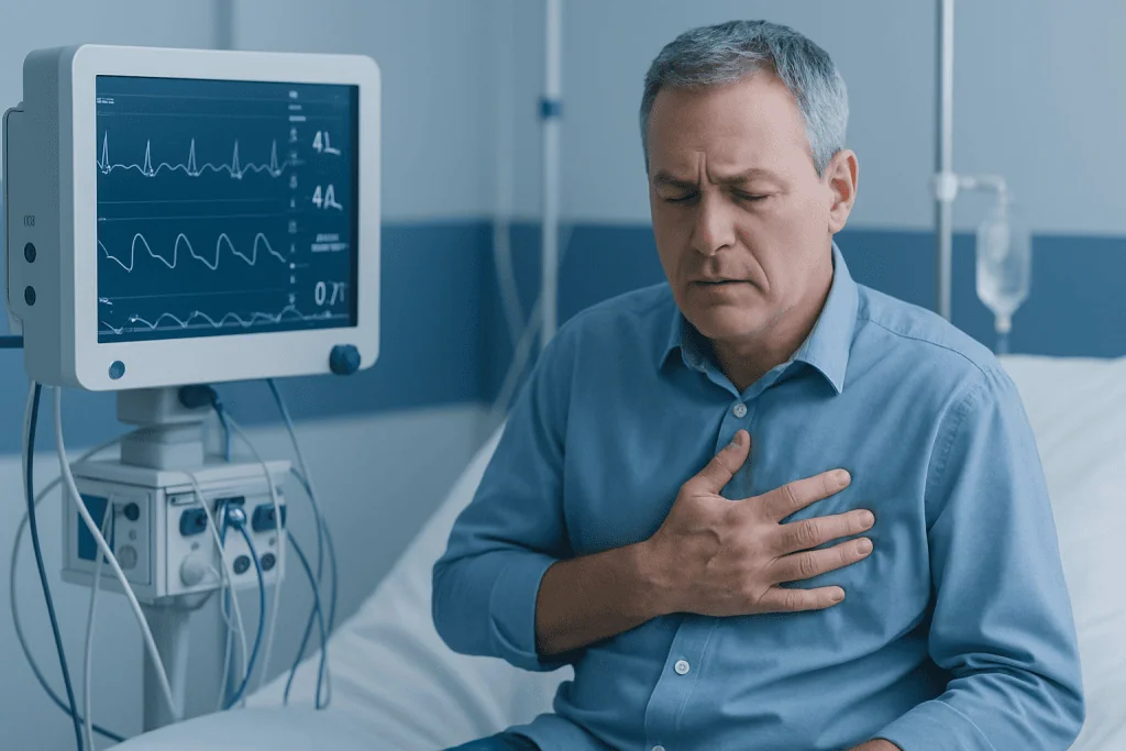 Man experiencing chest pain in hospital with heart monitor.