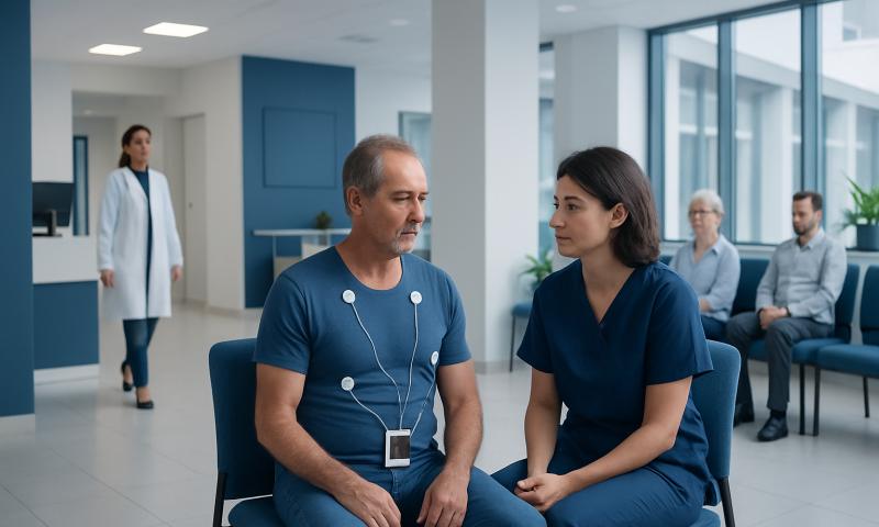 Patient wearing Holter monitor during consultation at Acibadem Hospital.