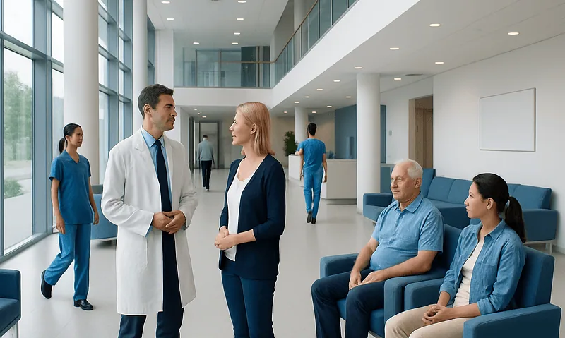 What Is Included in a Medical Cost Estimate Before You Travel to Turkey? 6 Medical professionals and patients in a modern hospital lobby.
