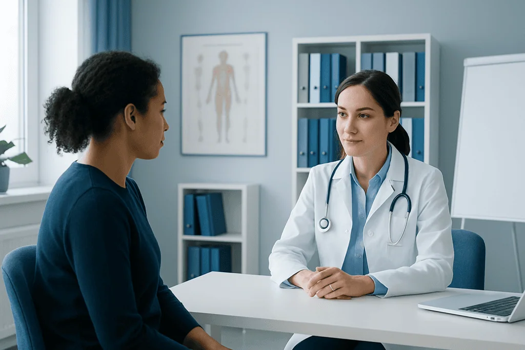 Doctor consulting with patient in a medical office setting.