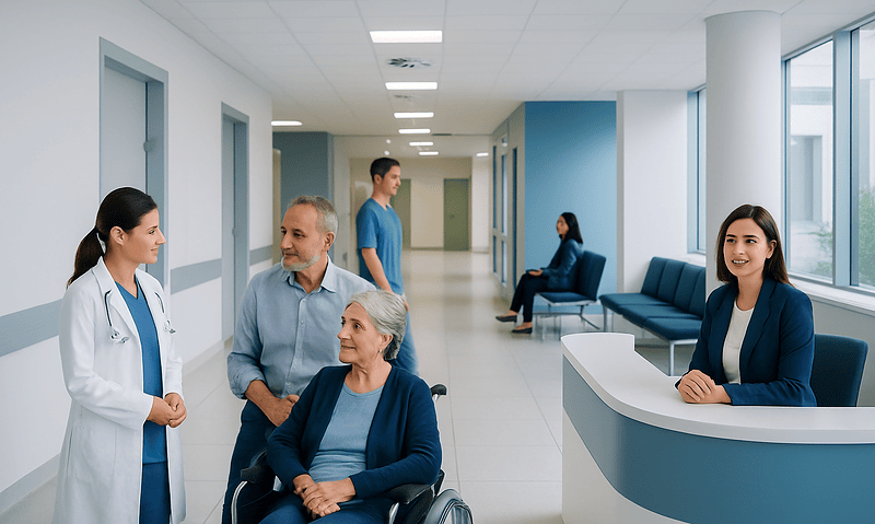 Medical staff consulting with elderly patient in hospital corridor.