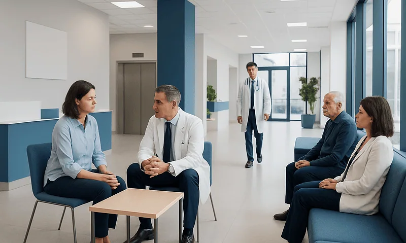Medical consultation at Acibadem Hospital with doctor and patients in waiting area.
