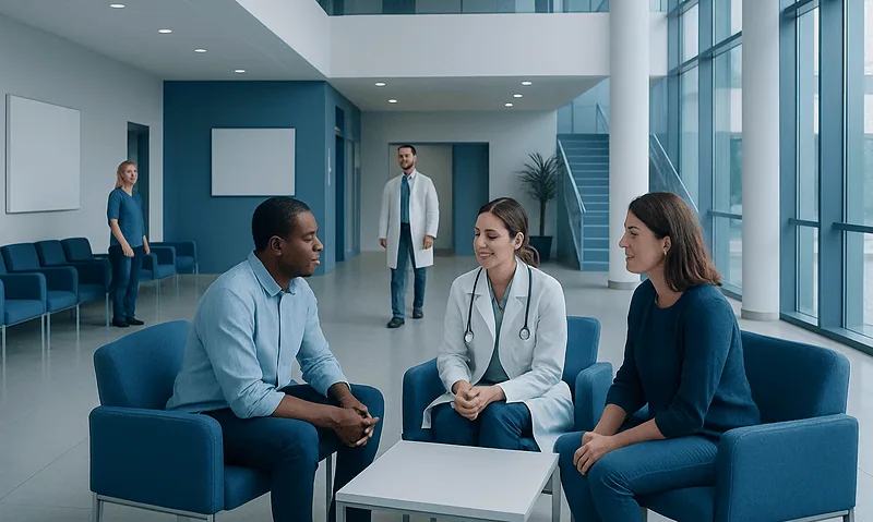 Medical consultation at Acibadem Hospital with diverse healthcare professionals.