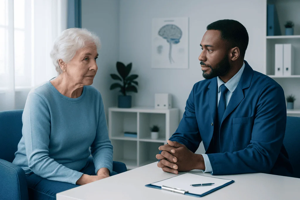 Doctor consulting with elderly woman in a medical office.