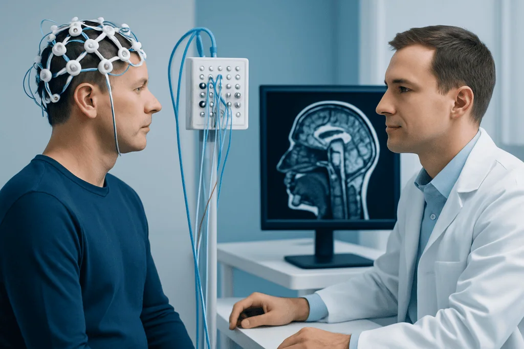 Patient undergoing EEG test for neurological assessment at Acibadem Hospital.